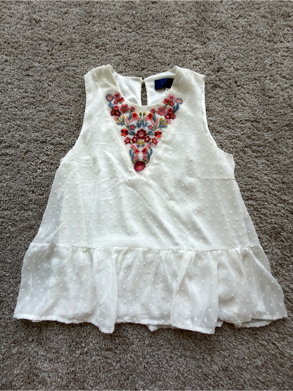 Blue Rain White Sleeveless Blouse with Floral Embroidery